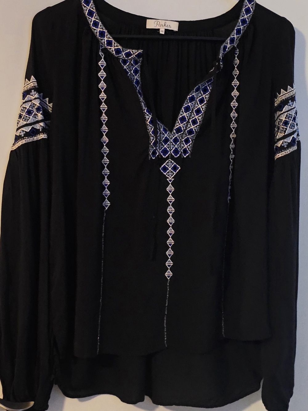 Parker Black Tunic with Blue & White Embroidered And Beaded Trim